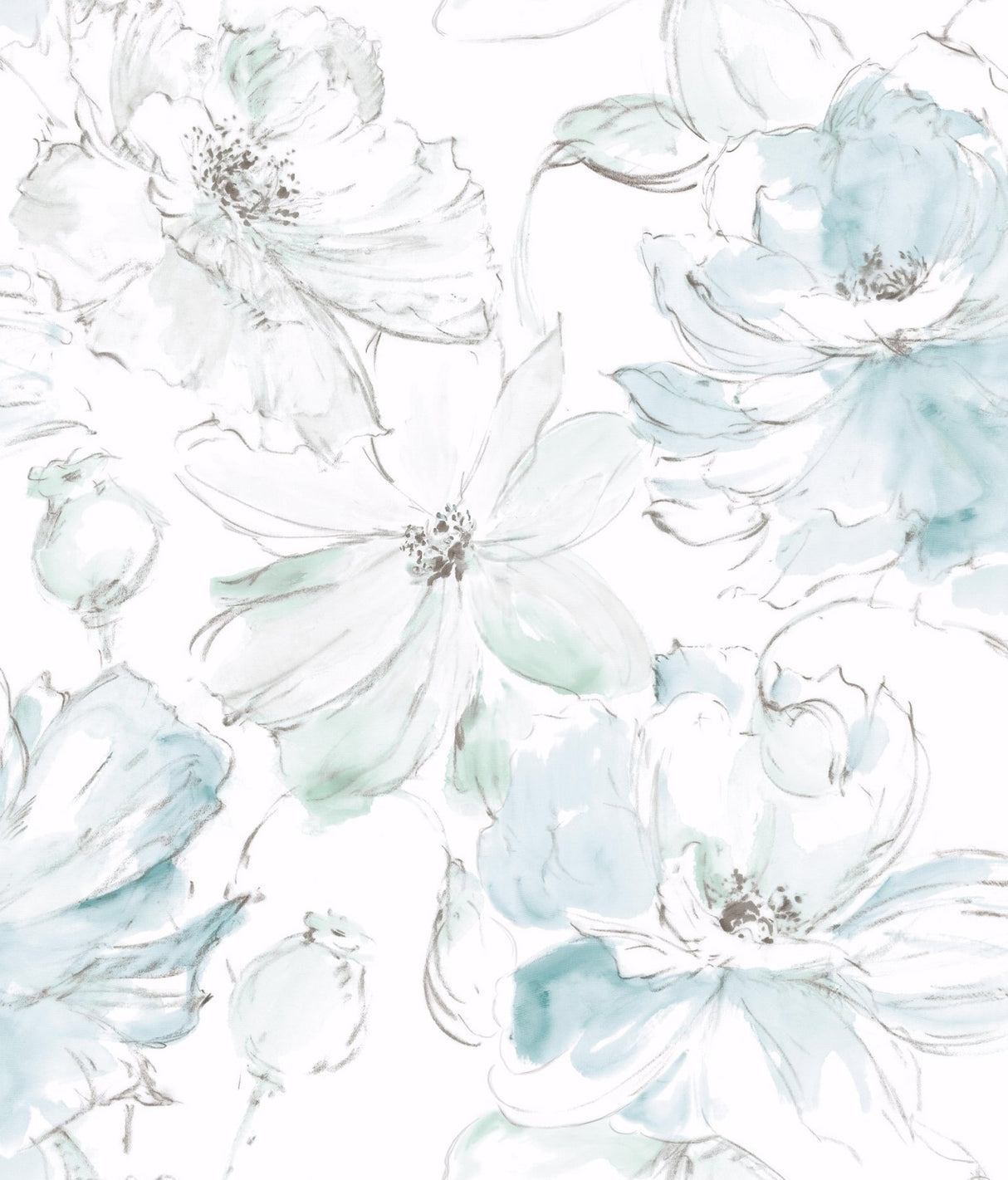 Floral Dreams Mineral Green Peel & Stick Wallpaper with Watercolor Floral Motif - York PSW1531RL