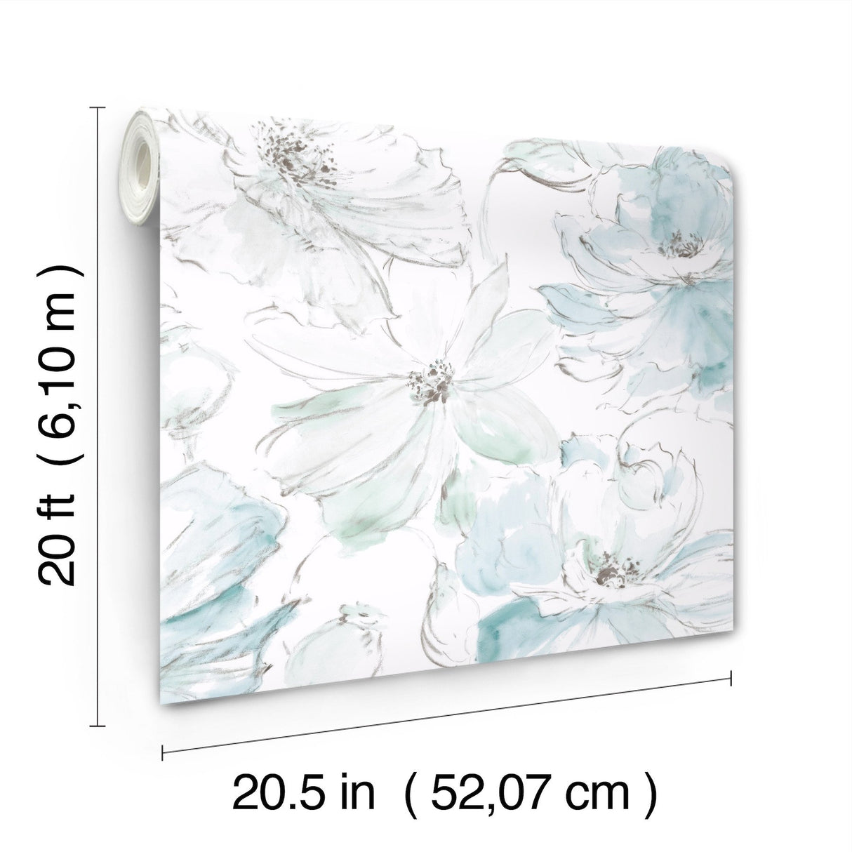Floral Dreams Mineral Green Peel & Stick Wallpaper with Watercolor Floral Motif - York PSW1531RL