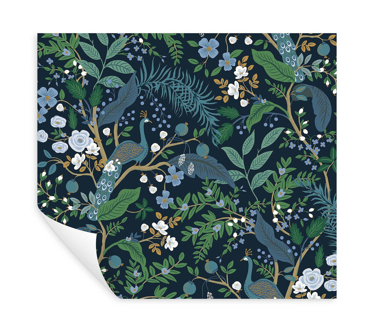 Peacock Garden Navy Peel & Stick Wallpaper with Metallic Whimsical Animal & Insects Pattern - York PSW1536RL