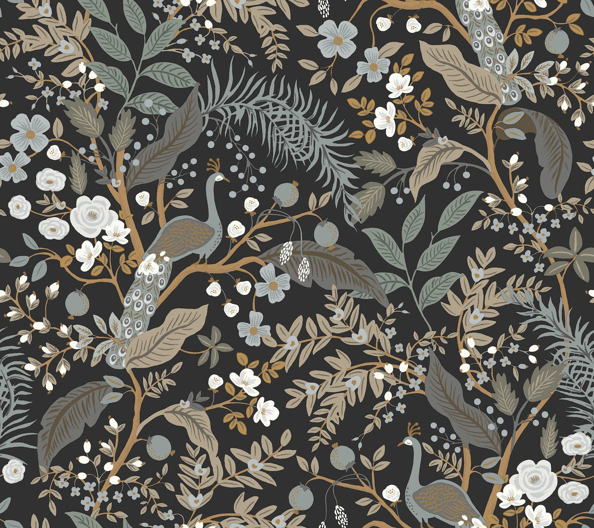 Peacock Garden Black Peel & Stick Wallpaper with Metallic Whimsical Animal Motif - York PSW1537RL