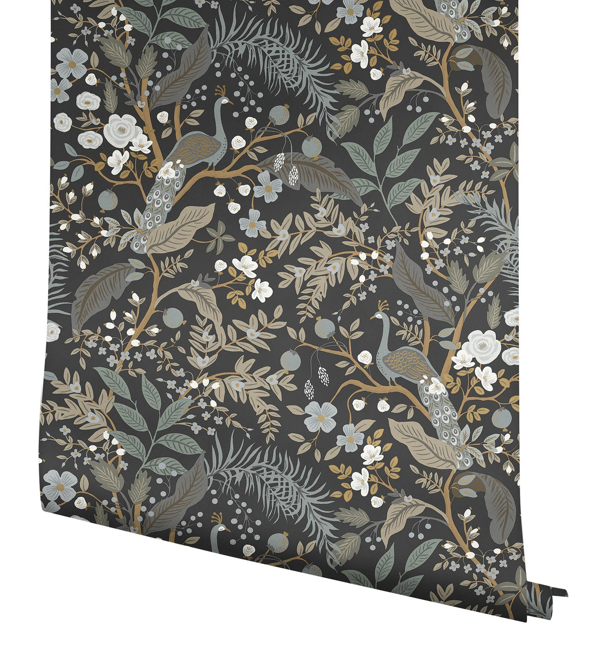 Peacock Garden Black Peel & Stick Wallpaper with Metallic Whimsical Animal Motif - York PSW1537RL