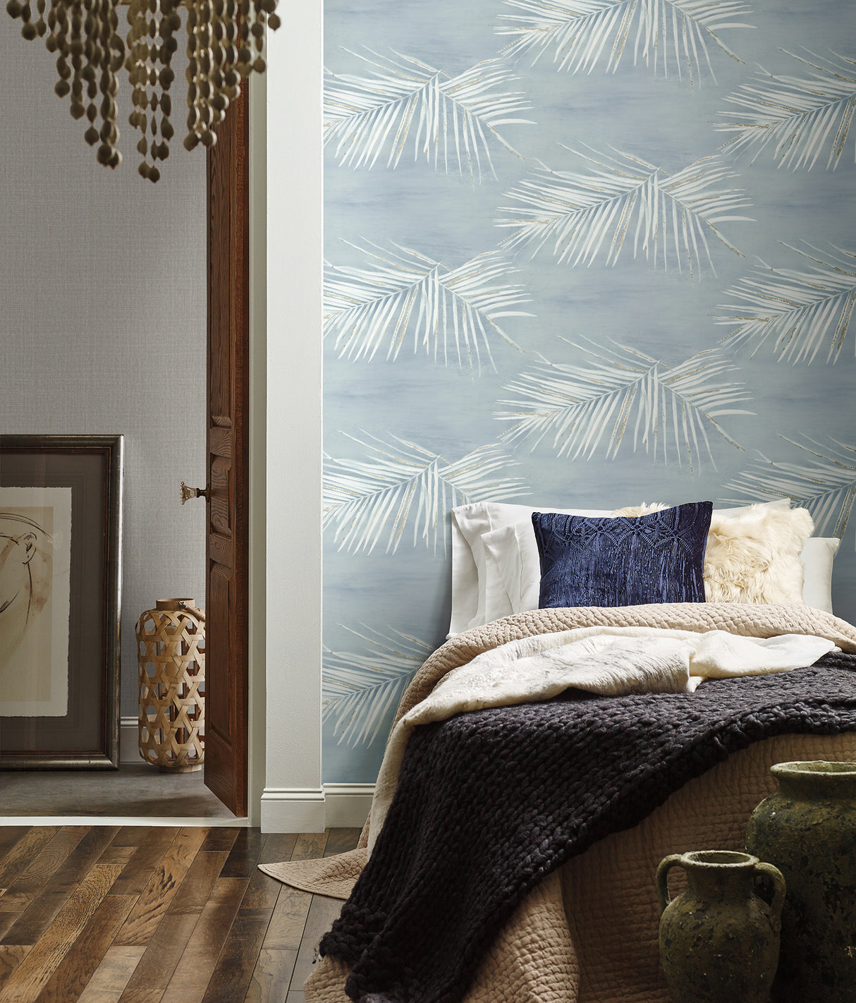 Endless Summer Blue by York Wallcoverings Artisanal Tropical Watercolor Palm Frond with Metallic Gold Accents Peel and Stick Wallpaper - PSW1554RL