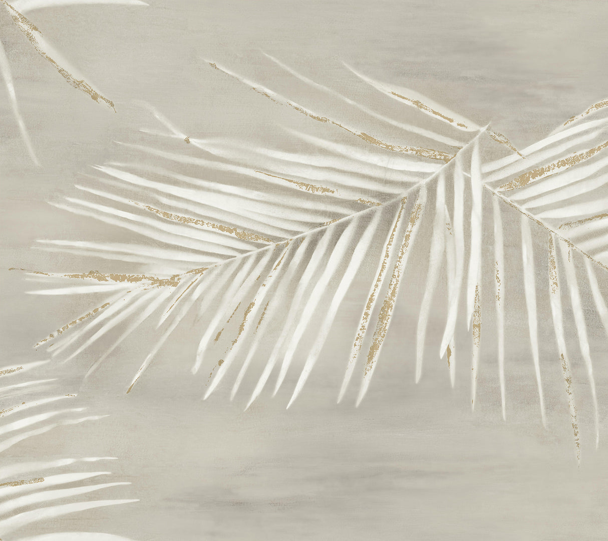 Endless Summer Taupe Peel & Stick Wallpaper by York Wallcoverings - PSW1555RL - Watercolor palm fronds with gold metallic accents on a warm taupe background