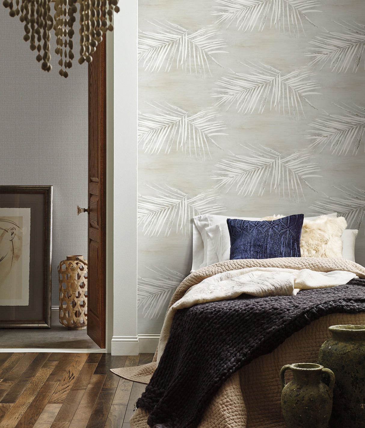 Endless Summer Storm Grey and Silver Metallic Tropical Palm Frond Peel and Stick Wallpaper by York Wallcoverings Aviva Stanoff - PSW1556RL