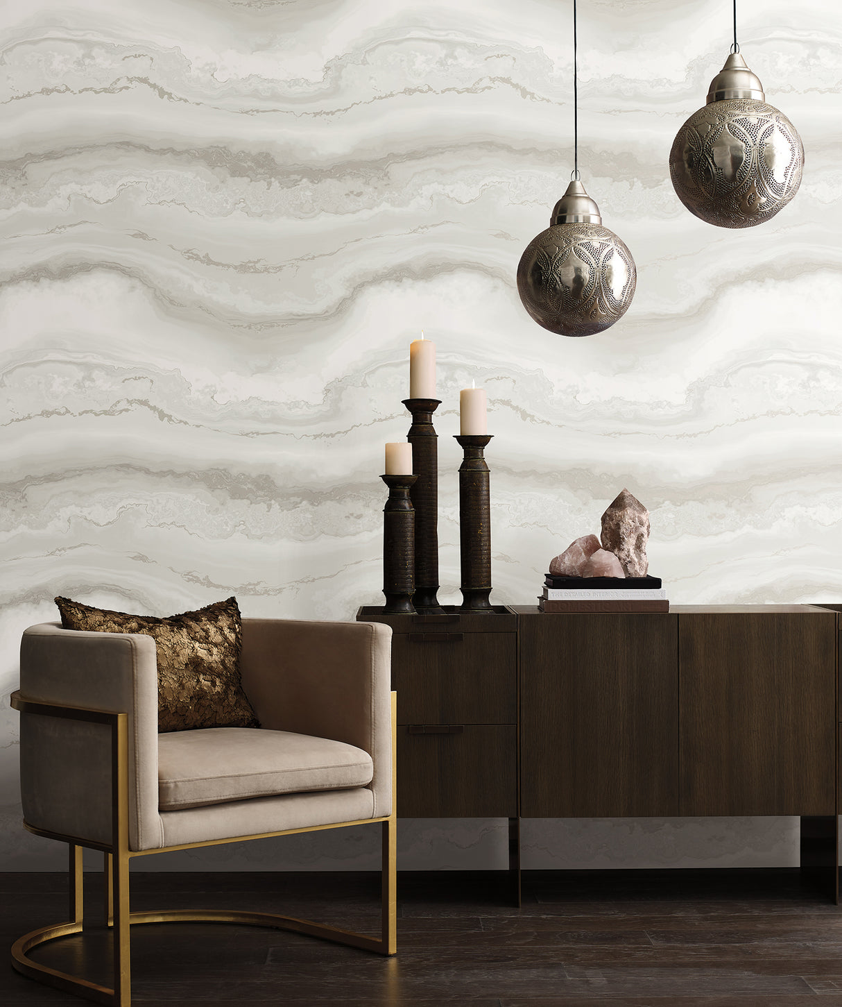 Shifting Sands Salt Grey by York Wallcoverings Aviva Stanoff Collection Bohemian Metallic Flowing Wave Peel and Stick Wallpaper - PSW1558RL