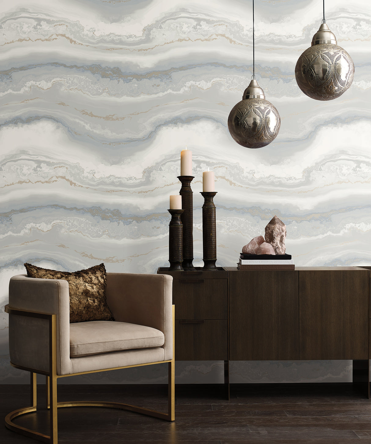 Shifting Sands Slate Blue Bohemian Metallic Non Woven Peel and Stick Wallpaper by York Wallcoverings Aviva Stanoff Collection - PSW1559RL