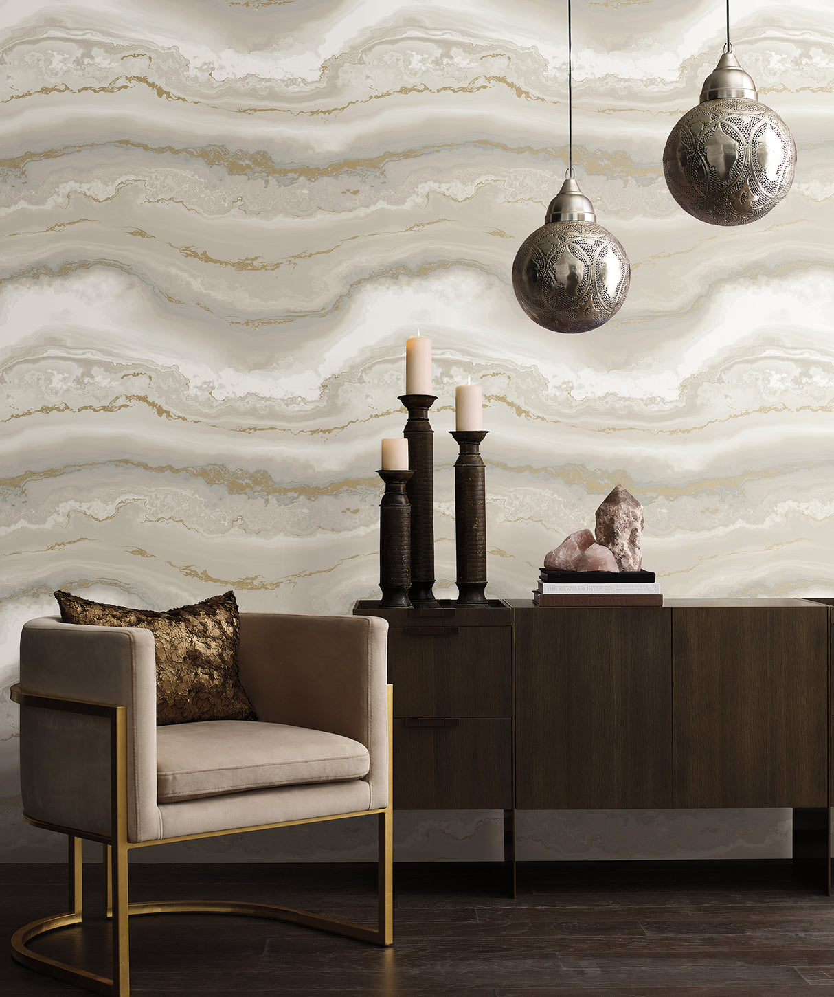 Shifting Sands Beige and Gold Metallic Bohemian Abstract Aviva Stanoff Peel and Stick Wallpaper by York Wallcoverings - PSW1560RL