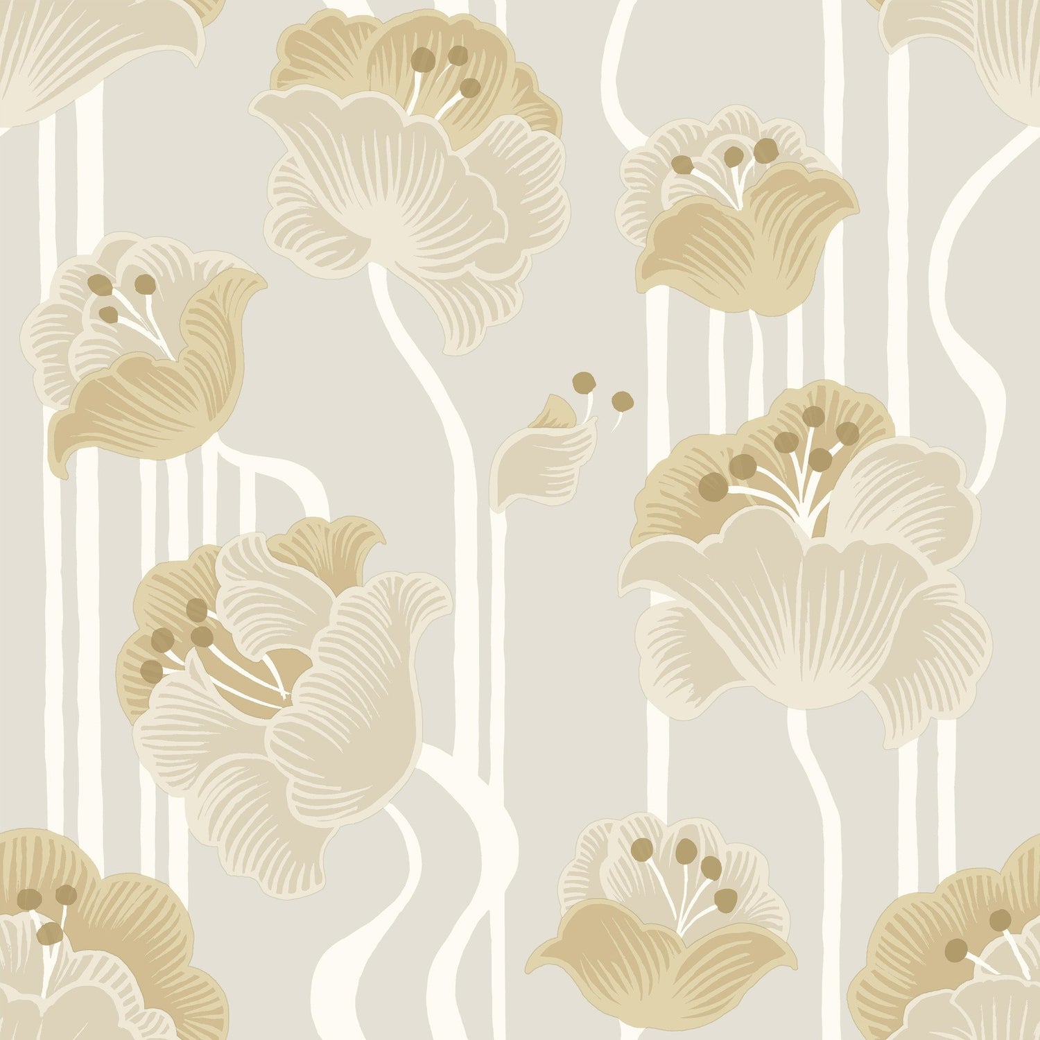 Shirley Neutral Deco Floral Peel & Stick Wallpaper with Metallic Whimsical Floral Pattern - York PSW1568RL