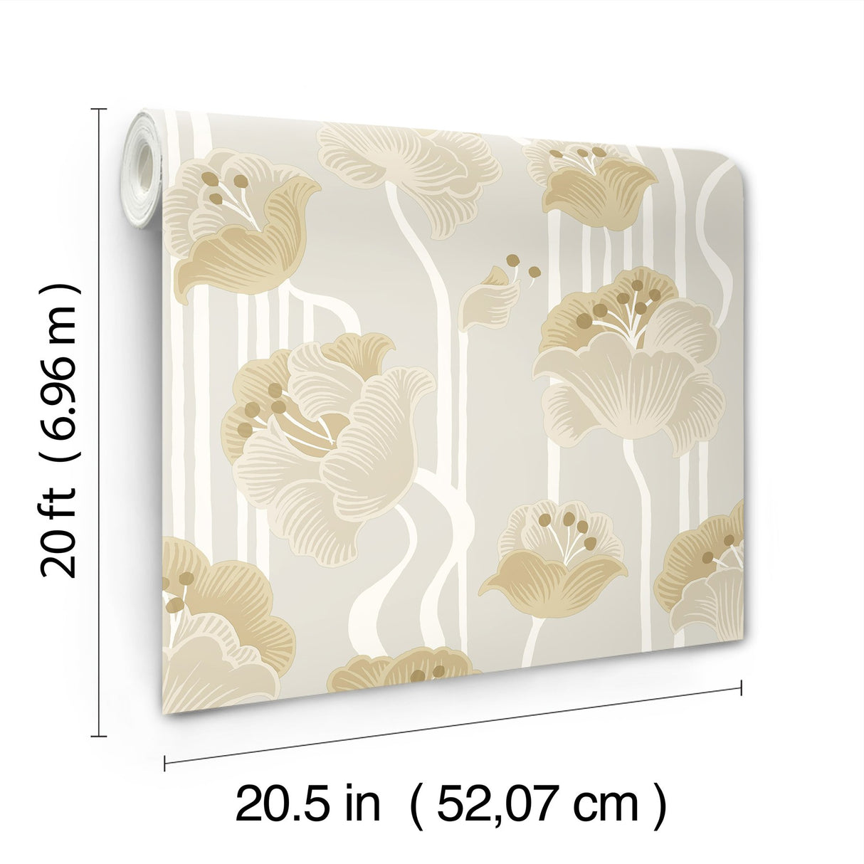 Shirley Neutral Deco Floral Peel & Stick Wallpaper with Metallic Whimsical Floral Pattern - York PSW1568RL