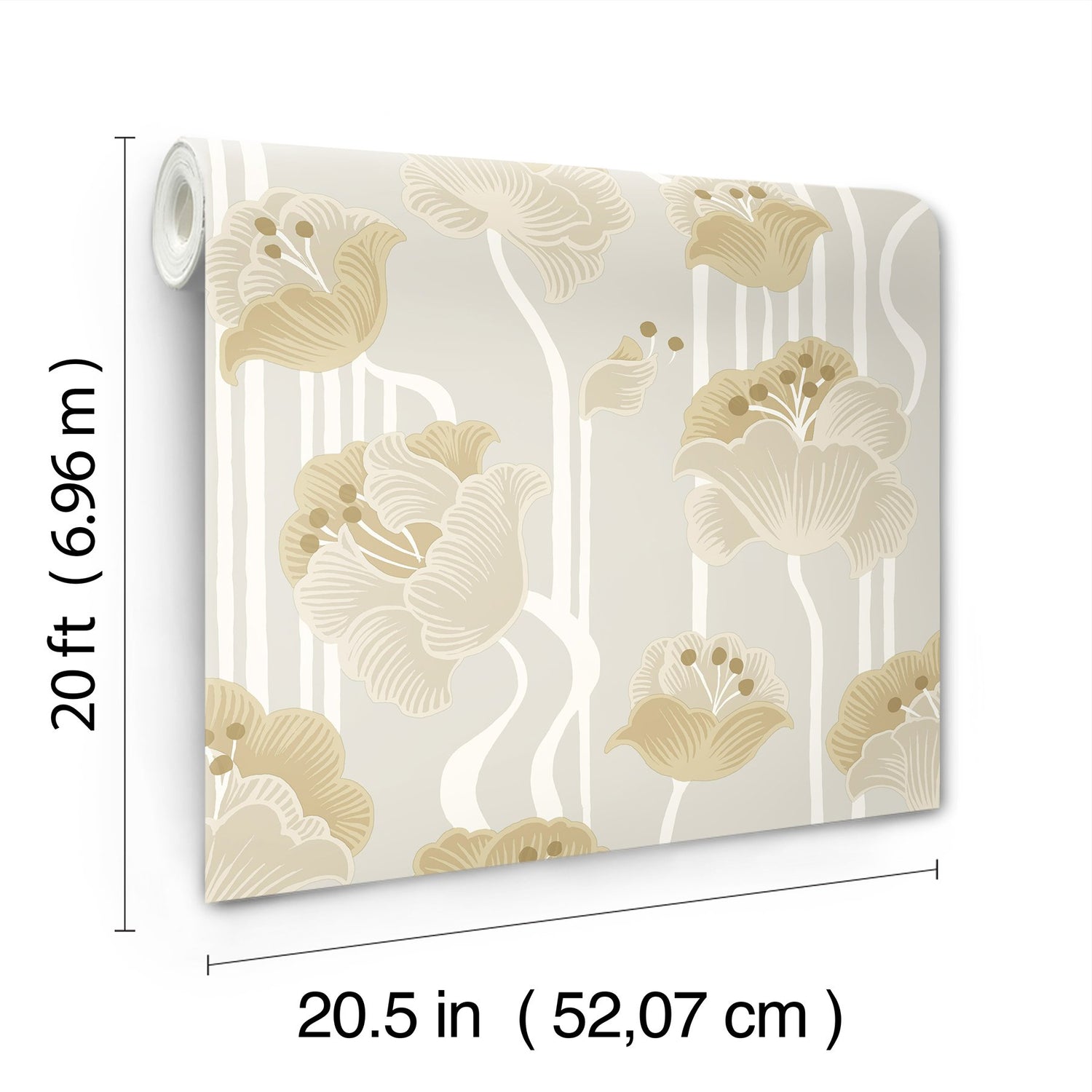 Shirley Neutral Deco Floral Peel & Stick Wallpaper with Metallic Whimsical Floral Pattern - York PSW1568RL