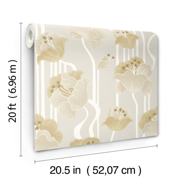 Shirley Neutral Deco Floral Peel & Stick Wallpaper with Metallic Whimsical Floral Pattern - York PSW1568RL