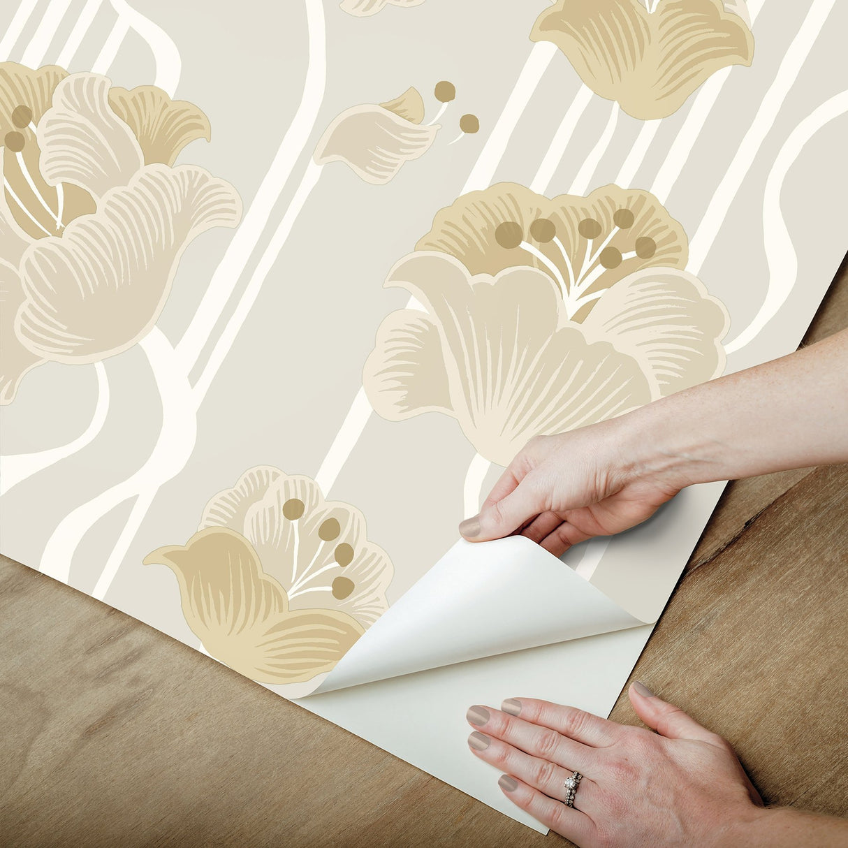 Shirley Neutral Deco Floral Peel & Stick Wallpaper with Metallic Whimsical Floral Pattern - York PSW1568RL