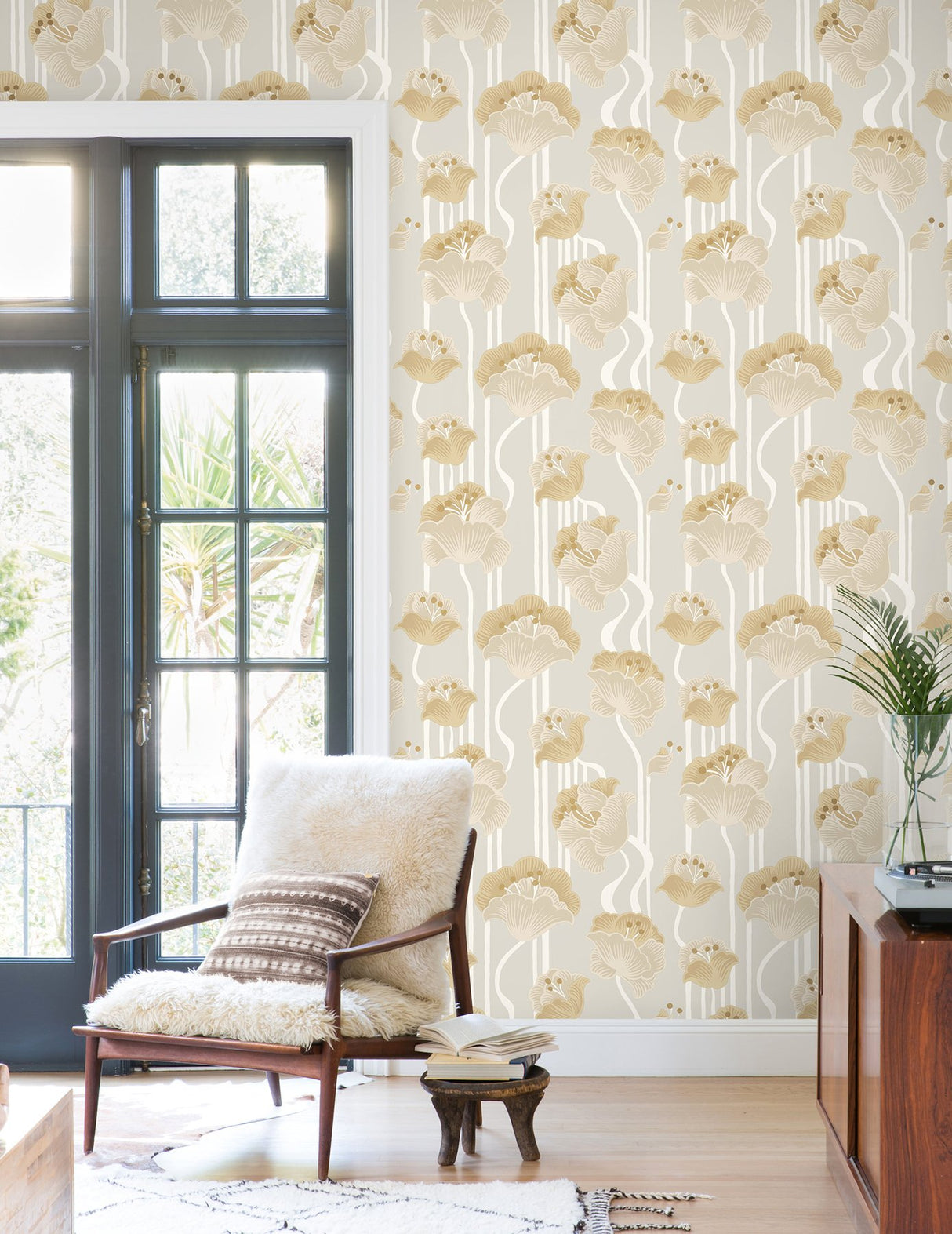 Shirley Neutral Deco Floral Peel & Stick Wallpaper with Metallic Whimsical Floral Pattern - York PSW1568RL