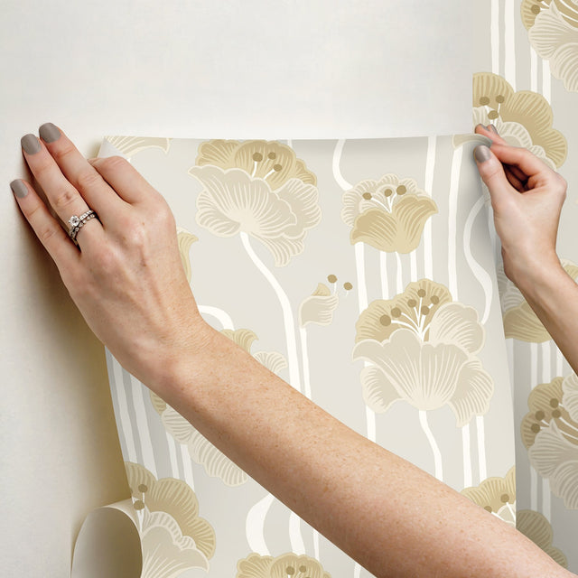 Shirley Neutral Deco Floral Peel & Stick Wallpaper with Metallic Whimsical Floral Pattern - York PSW1568RL