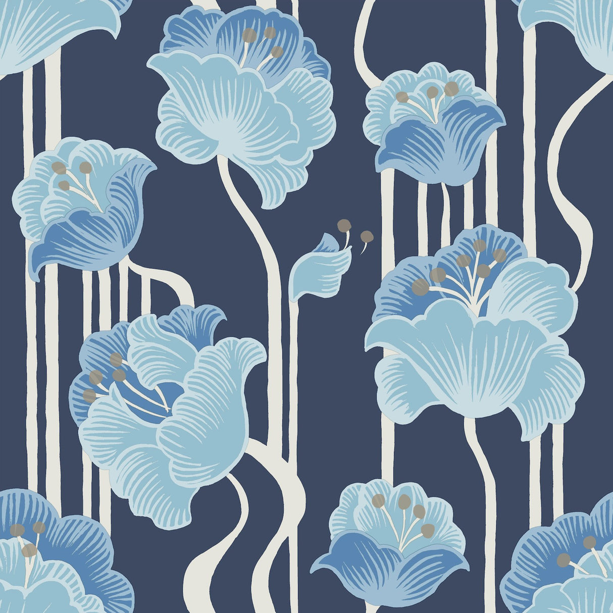 Shirley Blue Deco Floral Peel & Stick Wallpaper with Whimsical Metallic Floral Pattern - York PSW1569RL