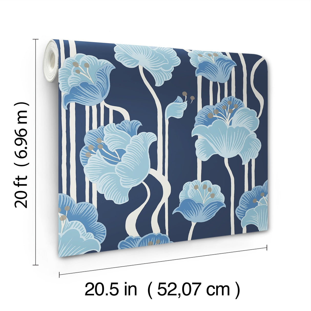 Shirley Blue Deco Floral Peel & Stick Wallpaper with Whimsical Metallic Floral Pattern - York PSW1569RL
