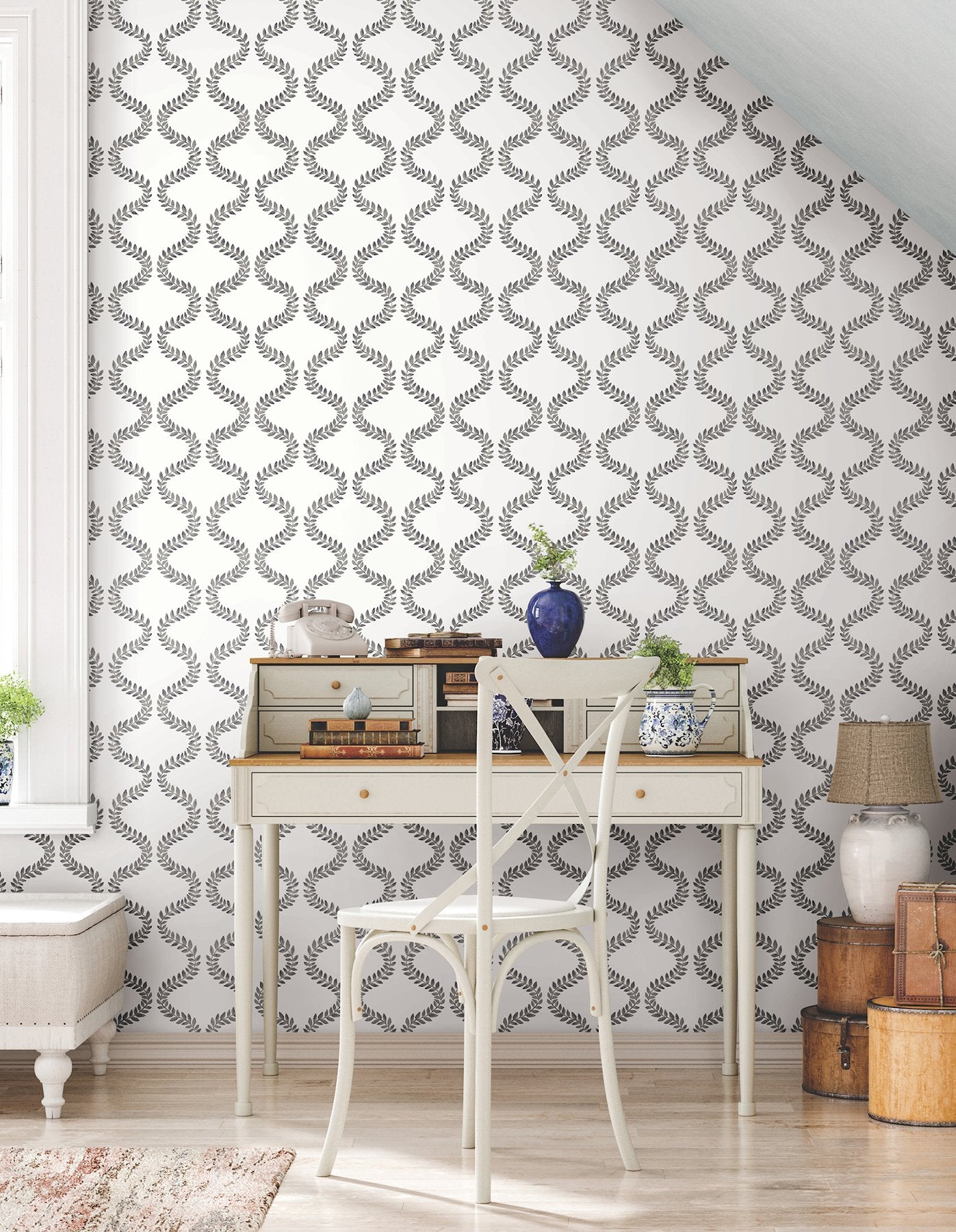 Florentine Soft Black Vine Trellis Peel & Stick Wallpaper with Botanical Trellis Pattern - York PSW1572RL