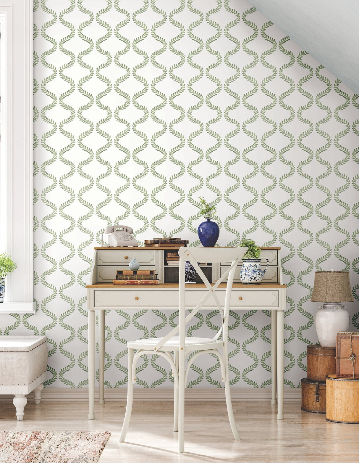 Florentine Green Vine Trellis Peel & Stick Wallpaper with Botanical Vine Ogee - York PSW1574RL