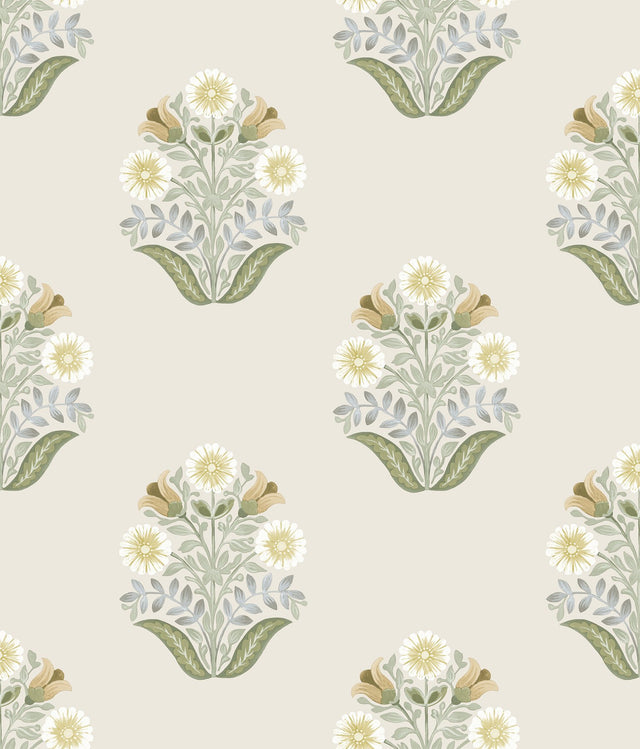 Sophie Sage Floral Medallion Peel & Stick Wallpaper with Farmhouse Floral Motif - York PSW1575RL