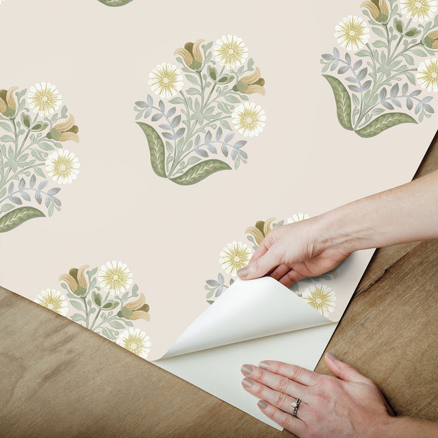 Sophie Sage Floral Medallion Peel & Stick Wallpaper with Farmhouse Floral Motif - York PSW1575RL