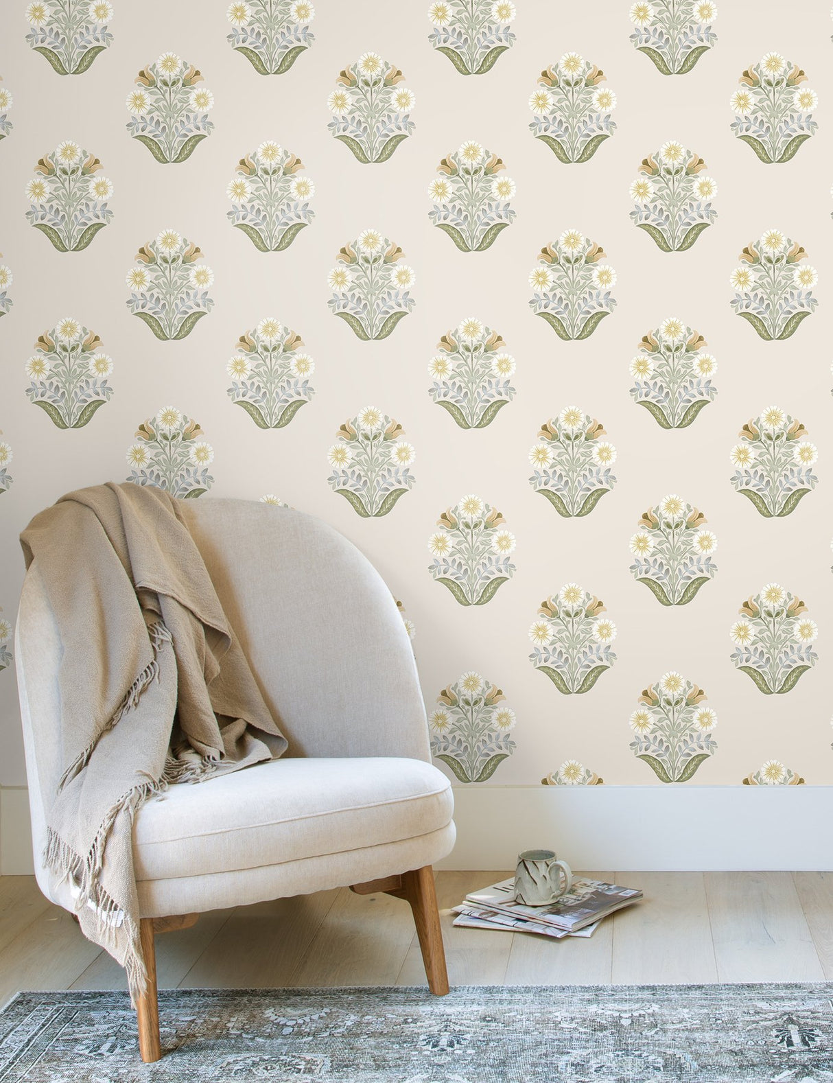Sophie Sage Floral Medallion Peel & Stick Wallpaper with Farmhouse Floral Motif - York PSW1575RL