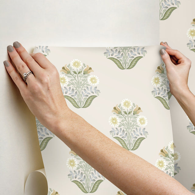 Sophie Sage Floral Medallion Peel & Stick Wallpaper with Farmhouse Floral Motif - York PSW1575RL