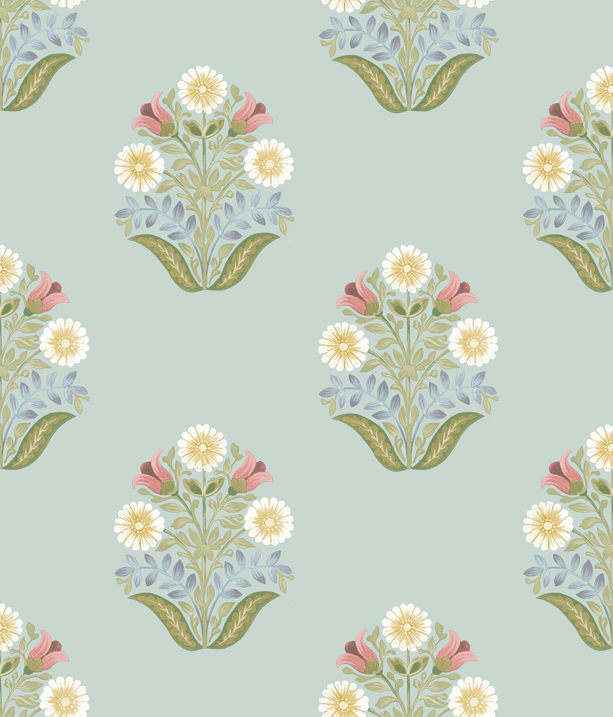 Sophie Aqua Floral Medallion Peel & Stick Wallpaper with Farmhouse Floral Medallion Pattern - York PSW1578RL