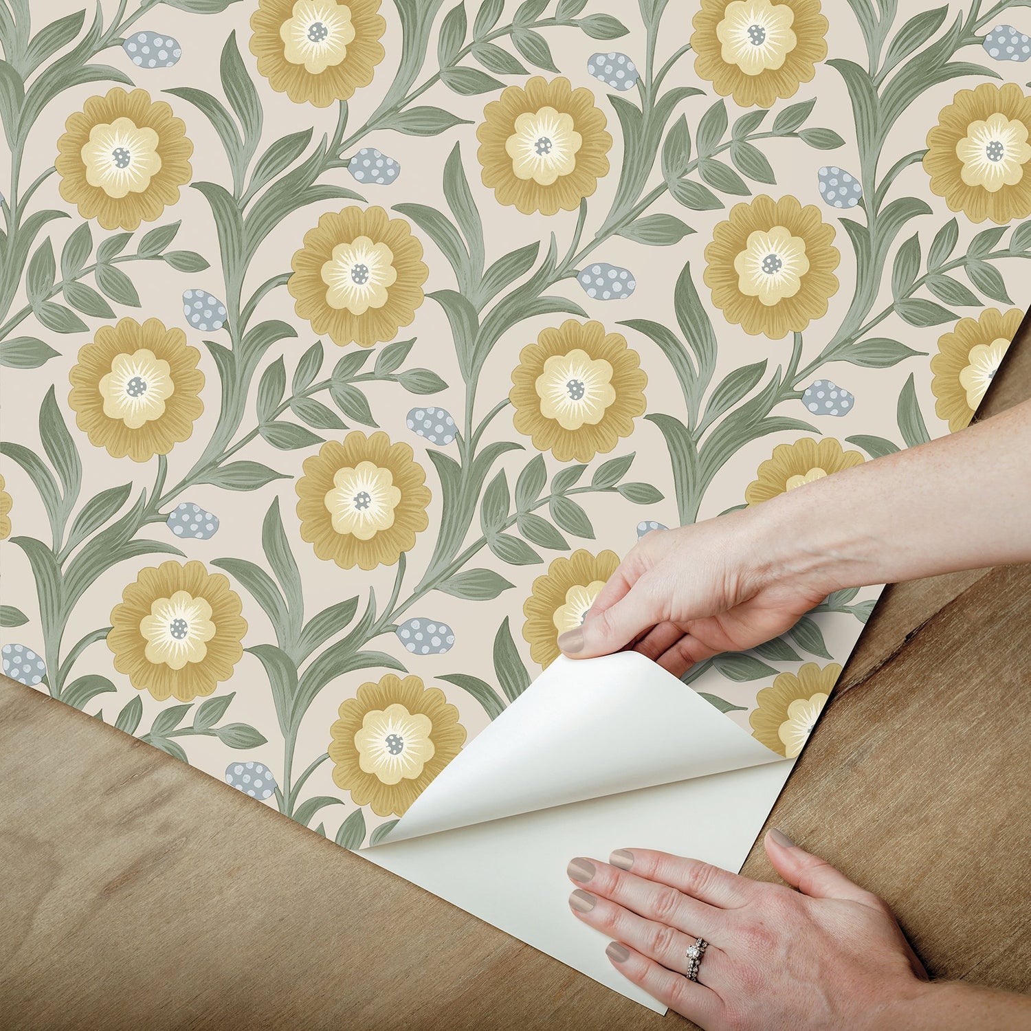 Lillian Sage Floral Vine Peel & Stick Wallpaper with Farmhouse Floral Pattern - York PSW1579RL