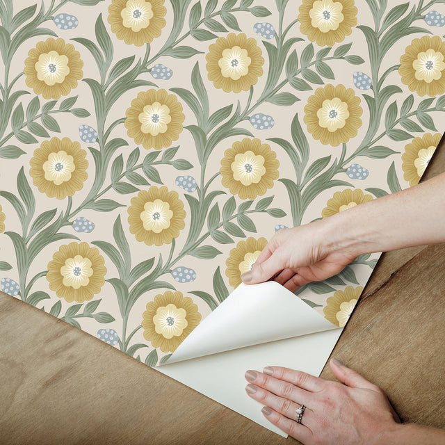 Lillian Sage Floral Vine Peel & Stick Wallpaper with Farmhouse Floral Pattern - York PSW1579RL