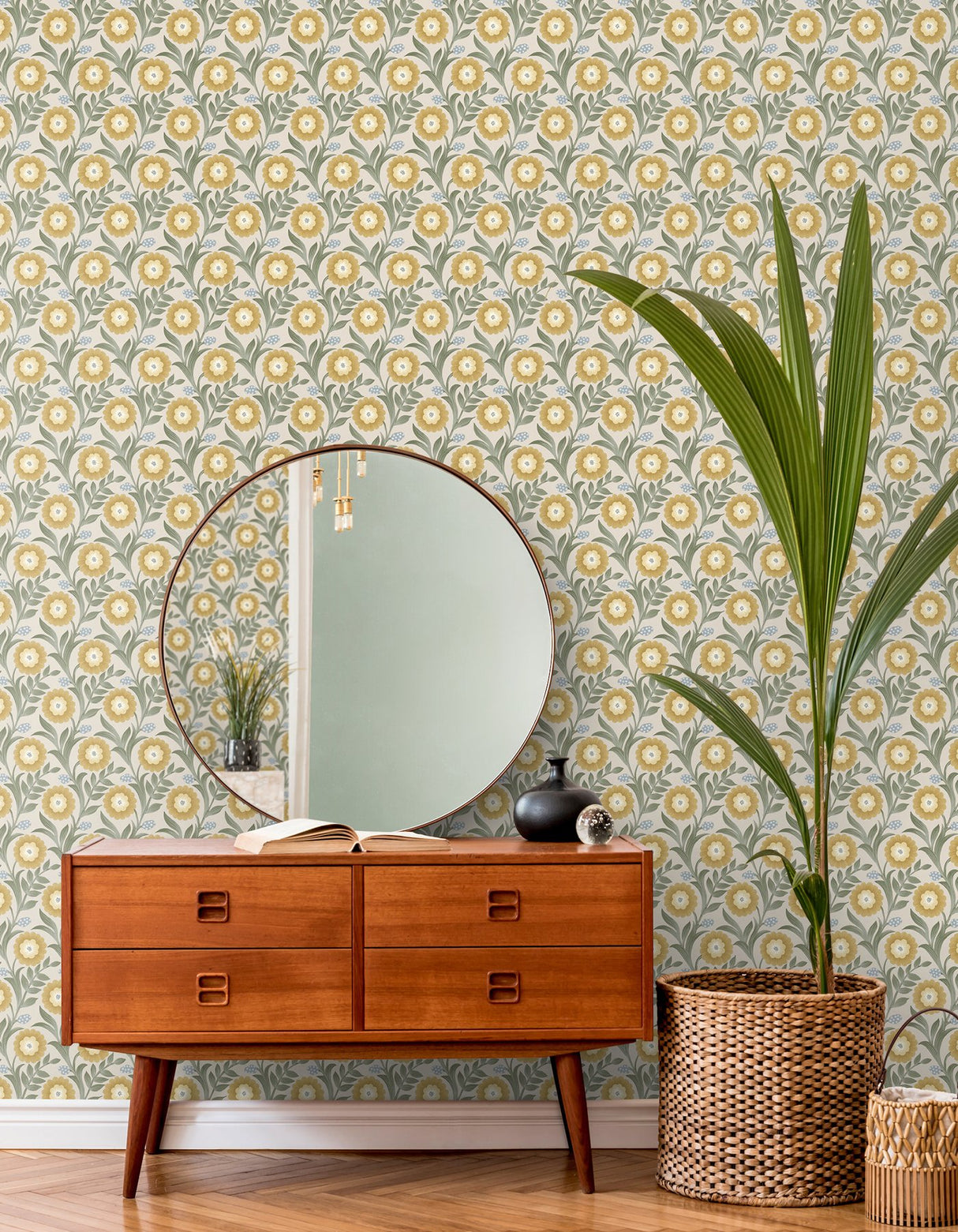 Lillian Sage Floral Vine Peel & Stick Wallpaper with Farmhouse Floral Pattern - York PSW1579RL