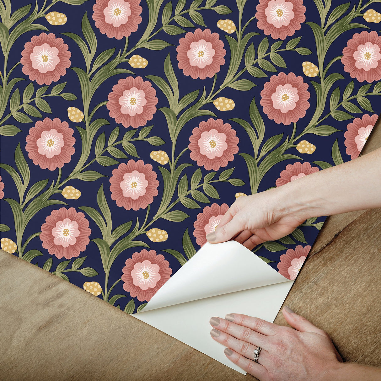 Lillian Blue Floral Vine Peel & Stick Wallpaper with Farmhouse Floral Pattern - York PSW1580RL