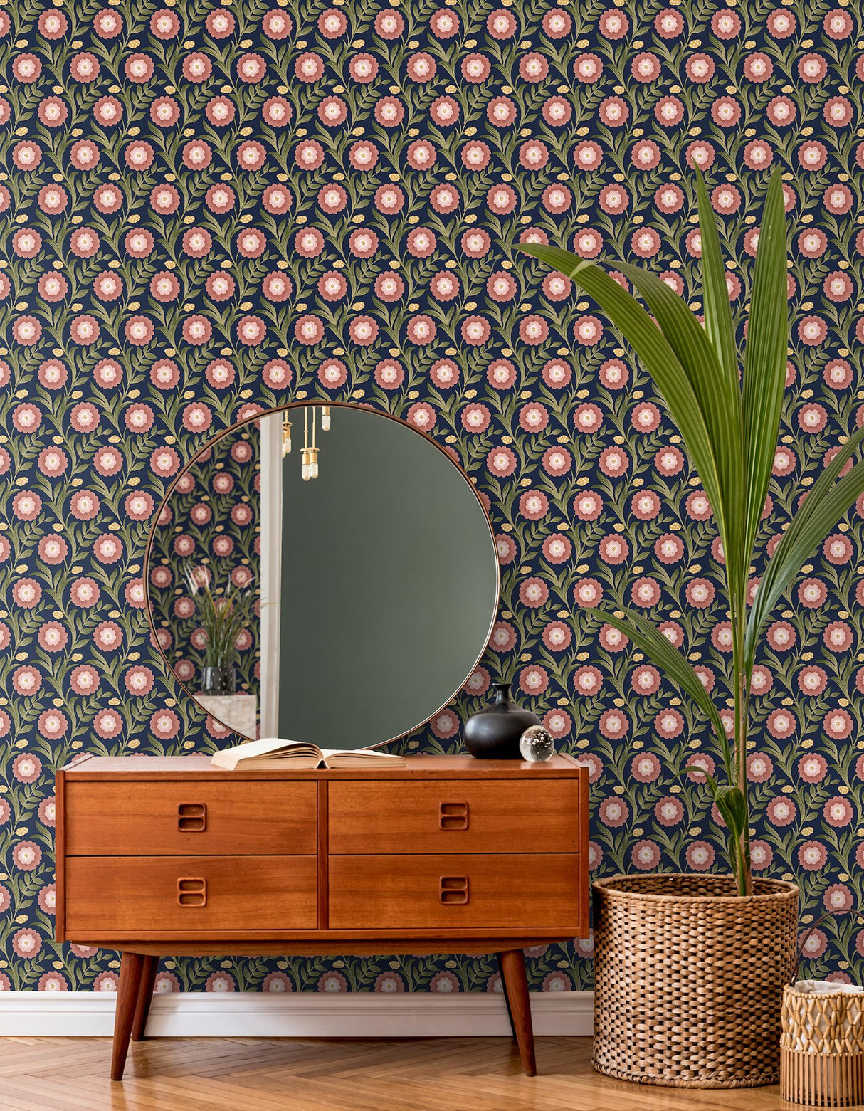 Lillian Blue Floral Vine Peel & Stick Wallpaper with Farmhouse Floral Pattern - York PSW1580RL