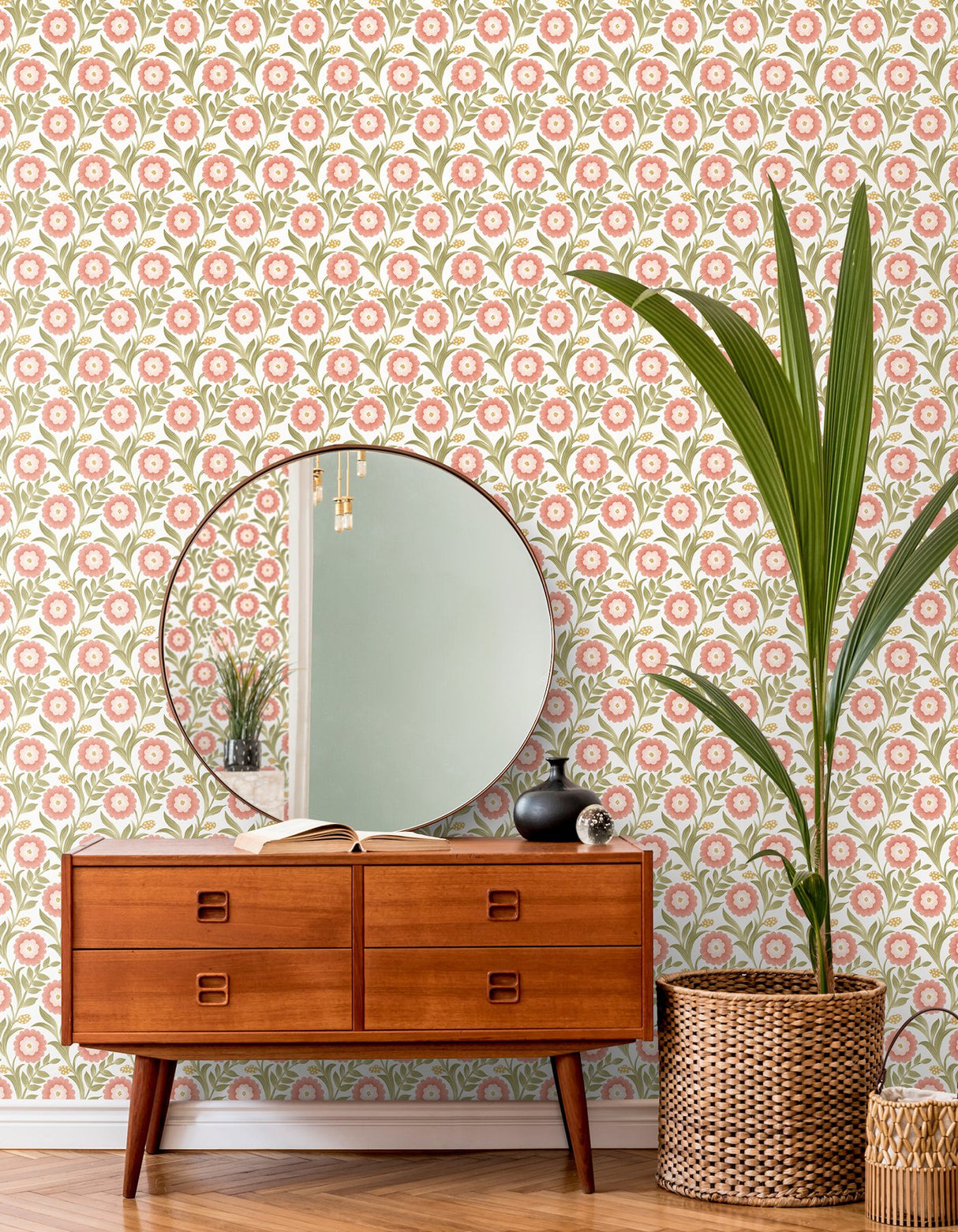 Lillian Pink Floral Vine Peel & Stick Wallpaper with Farmhouse Floral Pattern - York PSW1582RL