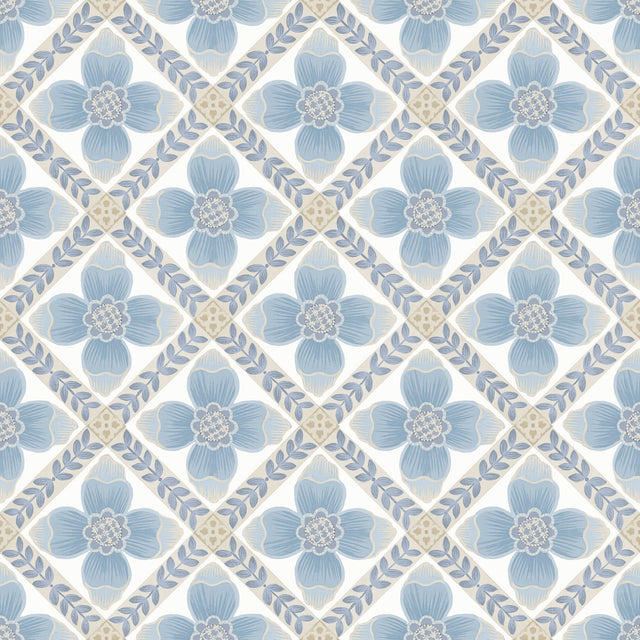 Mimi Blue Quilted Floral Peel & Stick Wallpaper with Farmhouse Style - York PSW1583RL