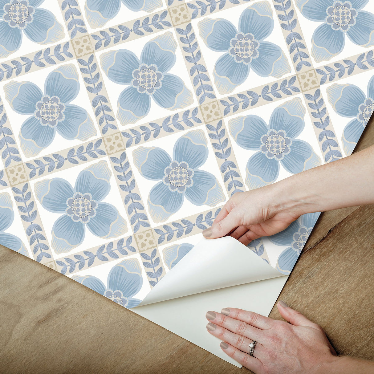 Mimi Blue Quilted Floral Peel & Stick Wallpaper with Farmhouse Style - York PSW1583RL