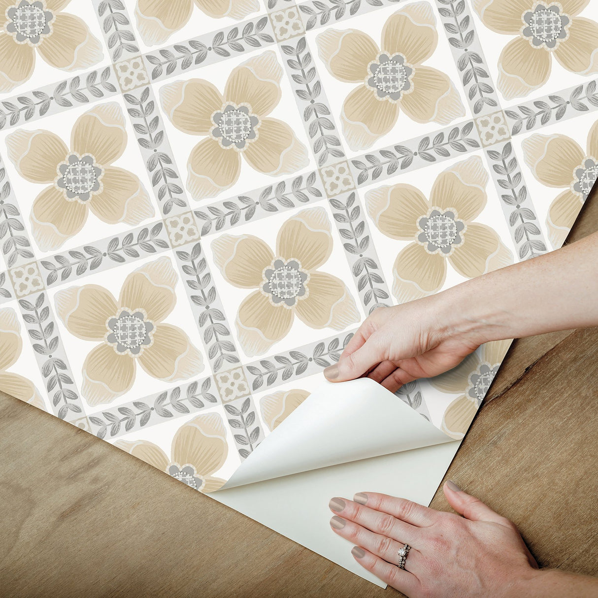 Mimi Neutral Quilted Floral Peel & Stick Wallpaper with Farmhouse Floral Motif - York PSW1586RL