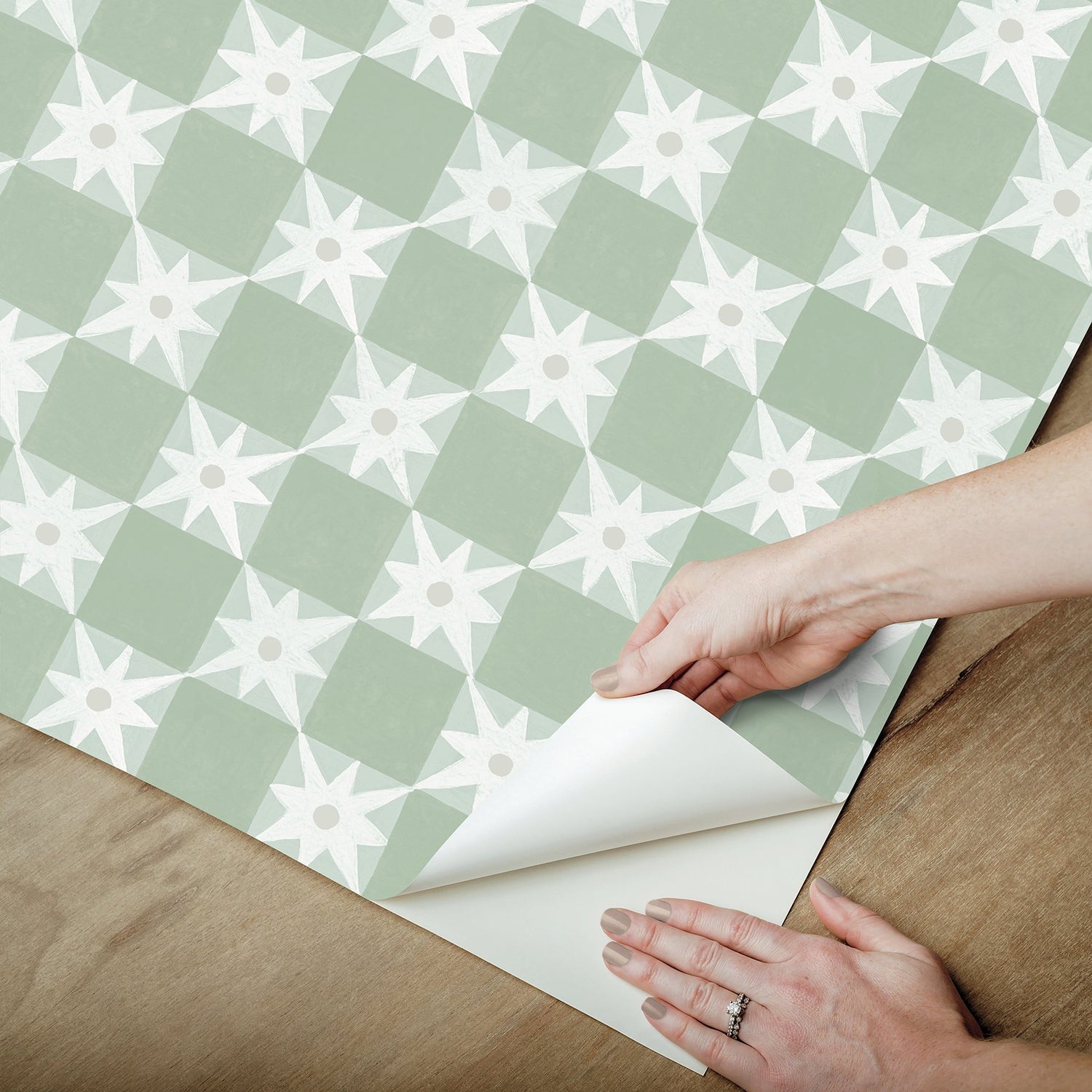 Stardust Green Checkerboard Peel & Stick Wallpaper with Bohemian Small Prints Pattern - York PSW1587RL