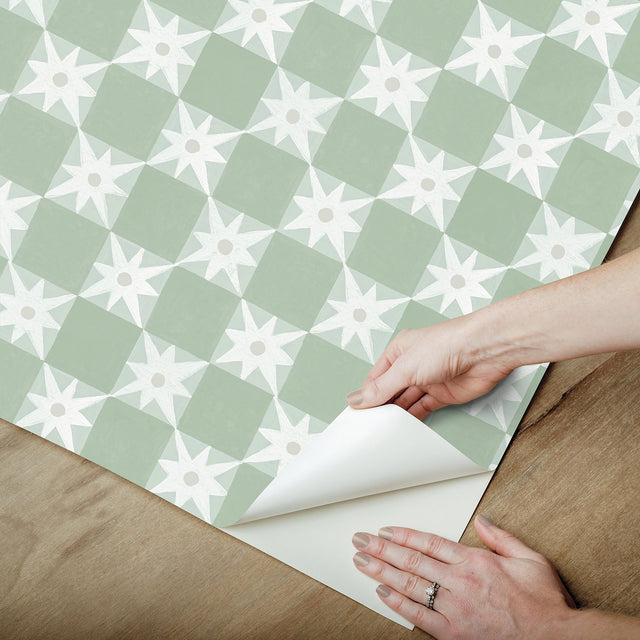 Stardust Green Checkerboard Peel & Stick Wallpaper with Bohemian Small Prints Pattern - York PSW1587RL