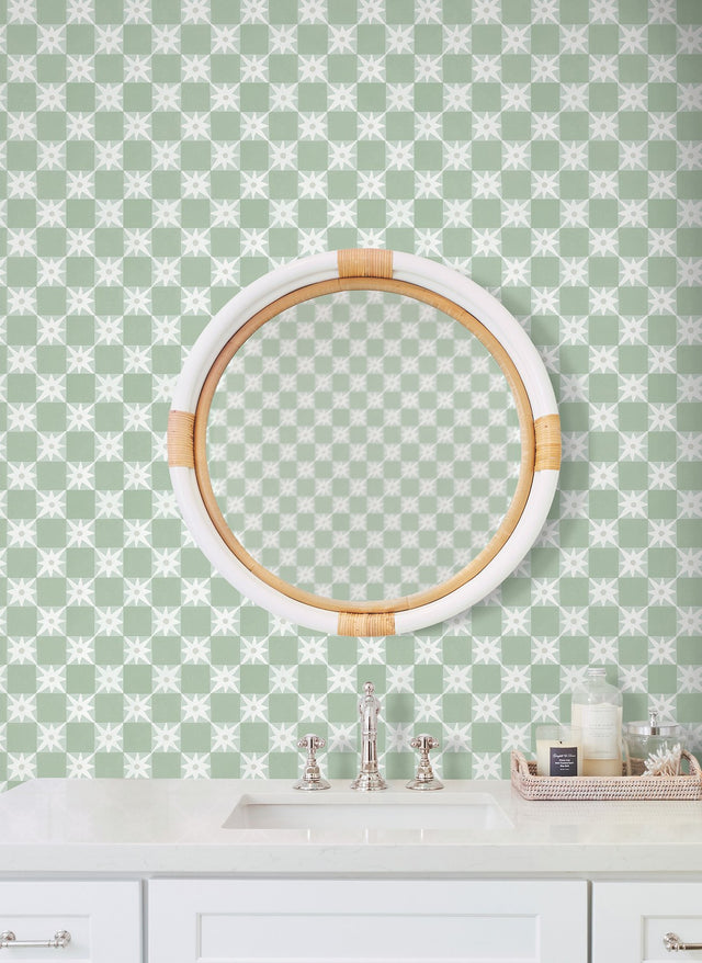 Stardust Green Checkerboard Peel & Stick Wallpaper with Bohemian Small Prints Pattern - York PSW1587RL