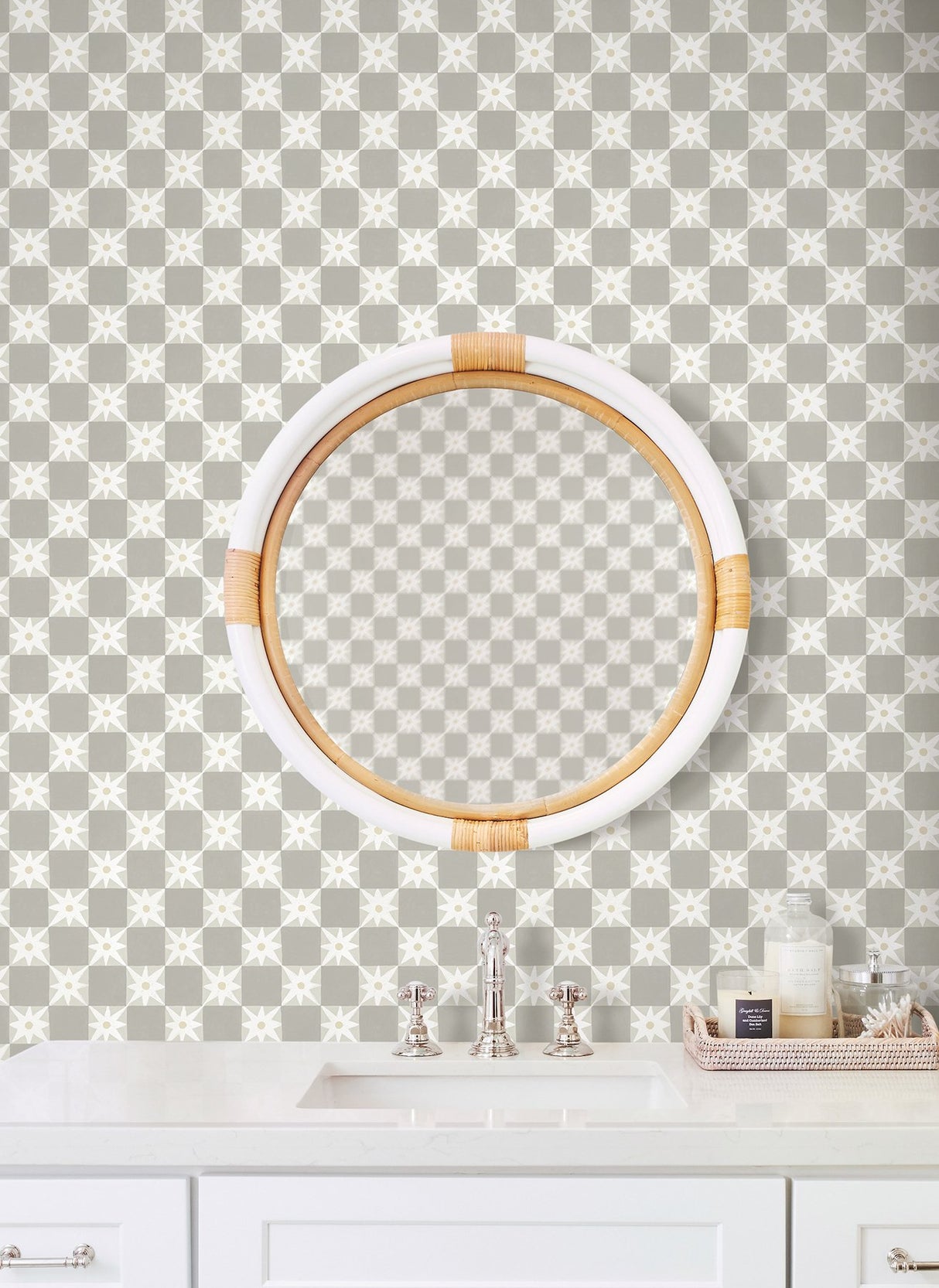 Stardust Warm Grey Checkerboard Peel & Stick Wallpaper with Hand-Painted Star Motif - York PSW1589RL