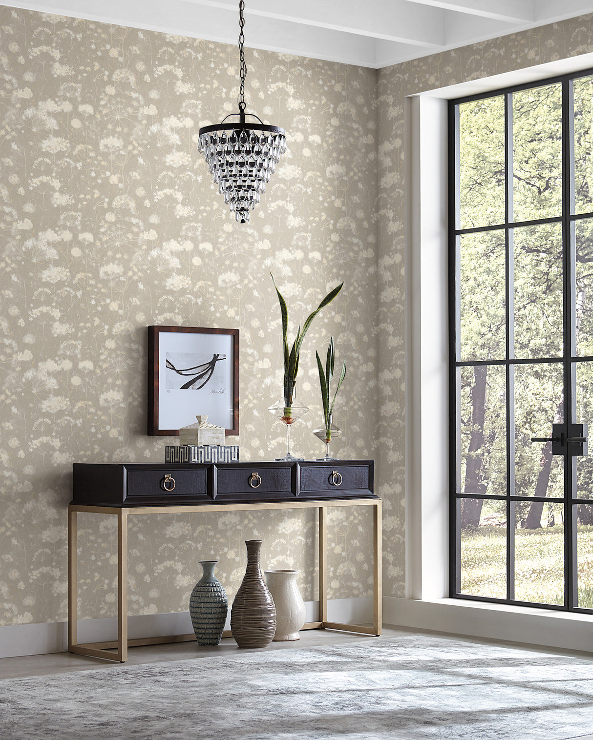 Botanical Fantasy Soft Taupe Peel and Stick Non Woven Wallpaper 27-in by 20-ft Farmhouse Wildflower by Candice Olson Simply Candice - PSW1605RL
