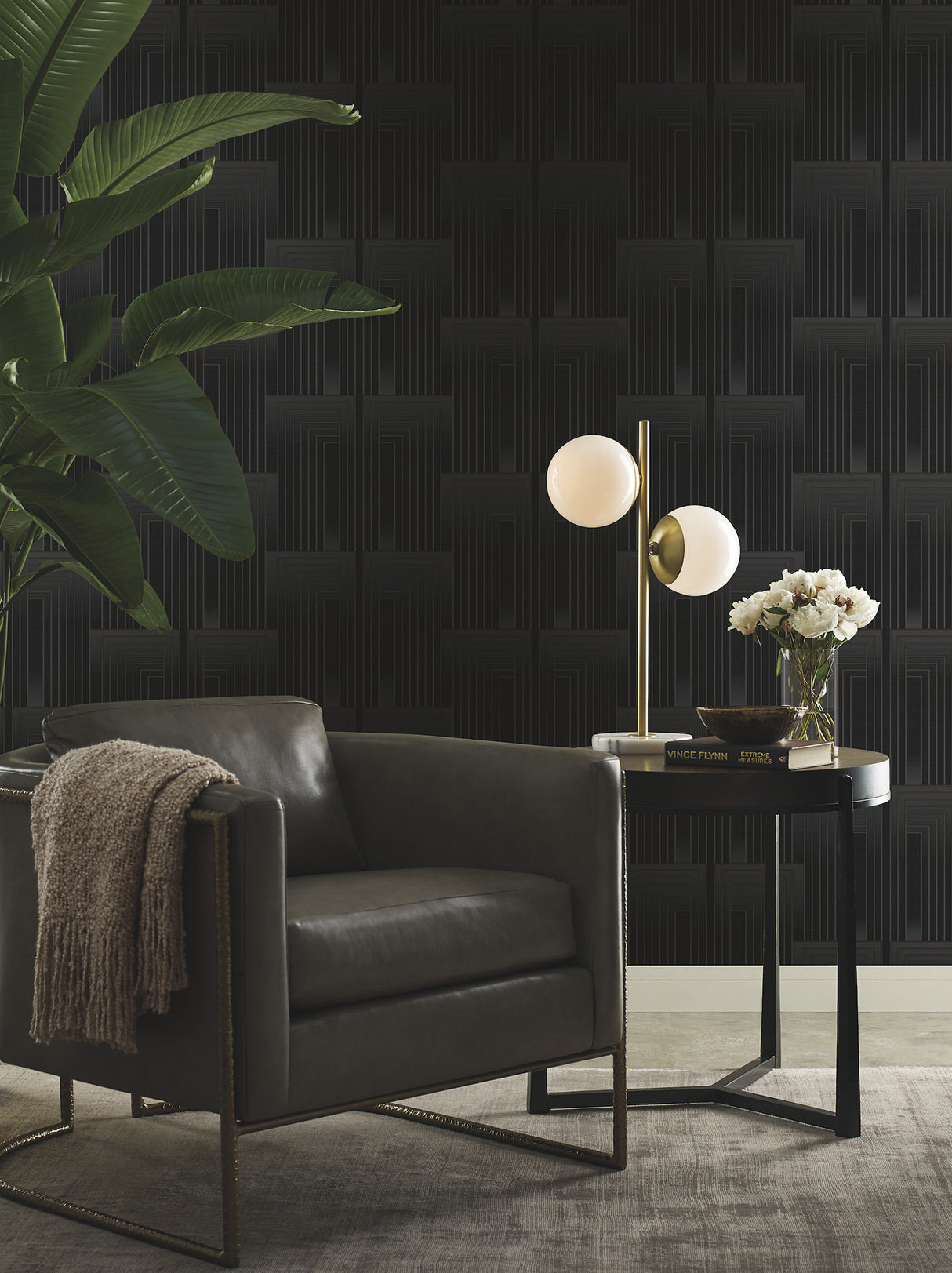 Vanishing Black & Copper by Candice Olson Glam Art Deco Geometric Pearl Finish Non Woven Peel & Stick Wallpaper Roll 27 in x 20 ft - PSW1607RL
