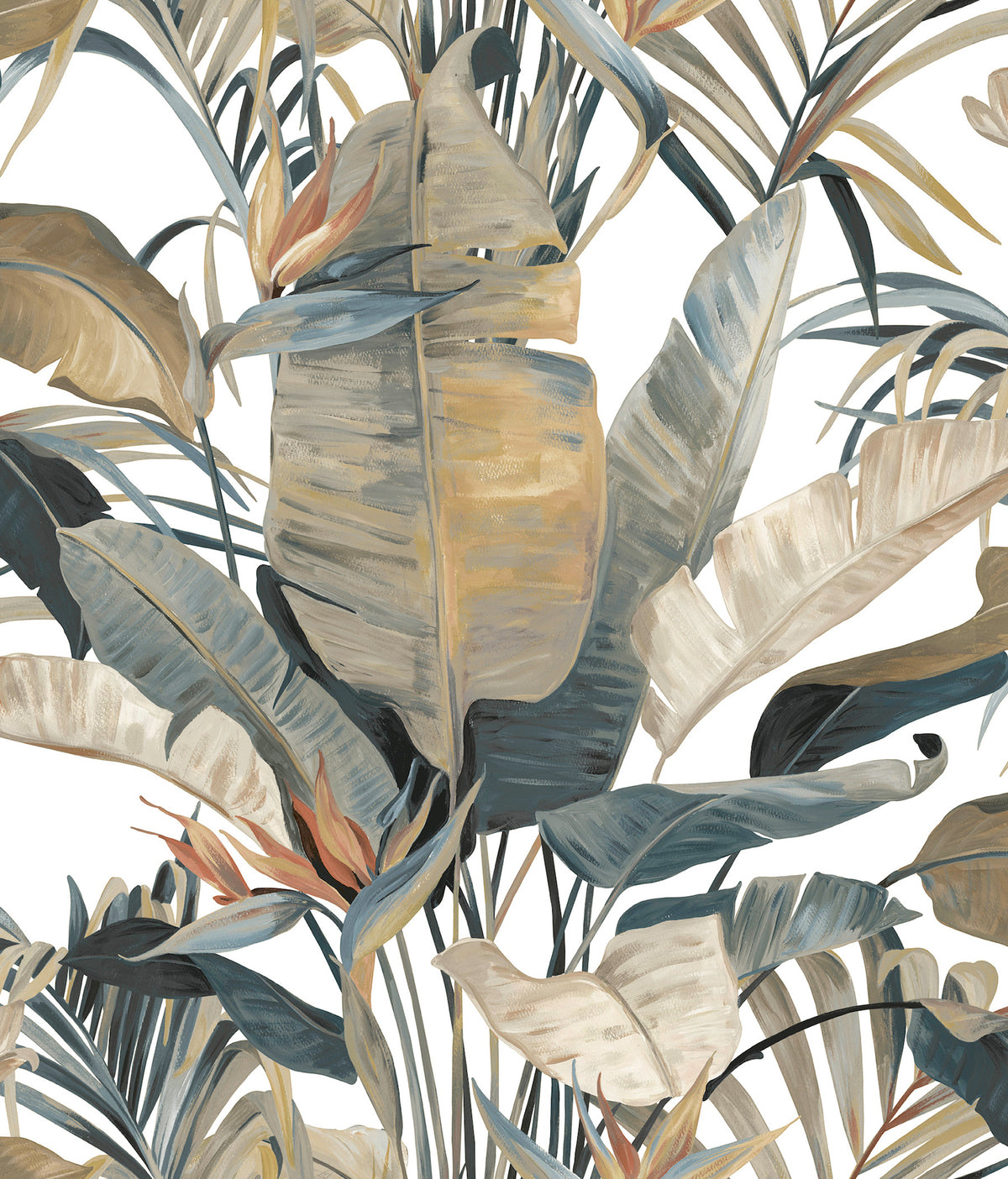 Tropical Cabana Plush Neutral Peel and Stick Wallpaper featuring painterly banana leaf palms, bird of paradise blooms, and tropical fronds in beige, steel grey, and blue tones by Candice Olson PSW1612RL