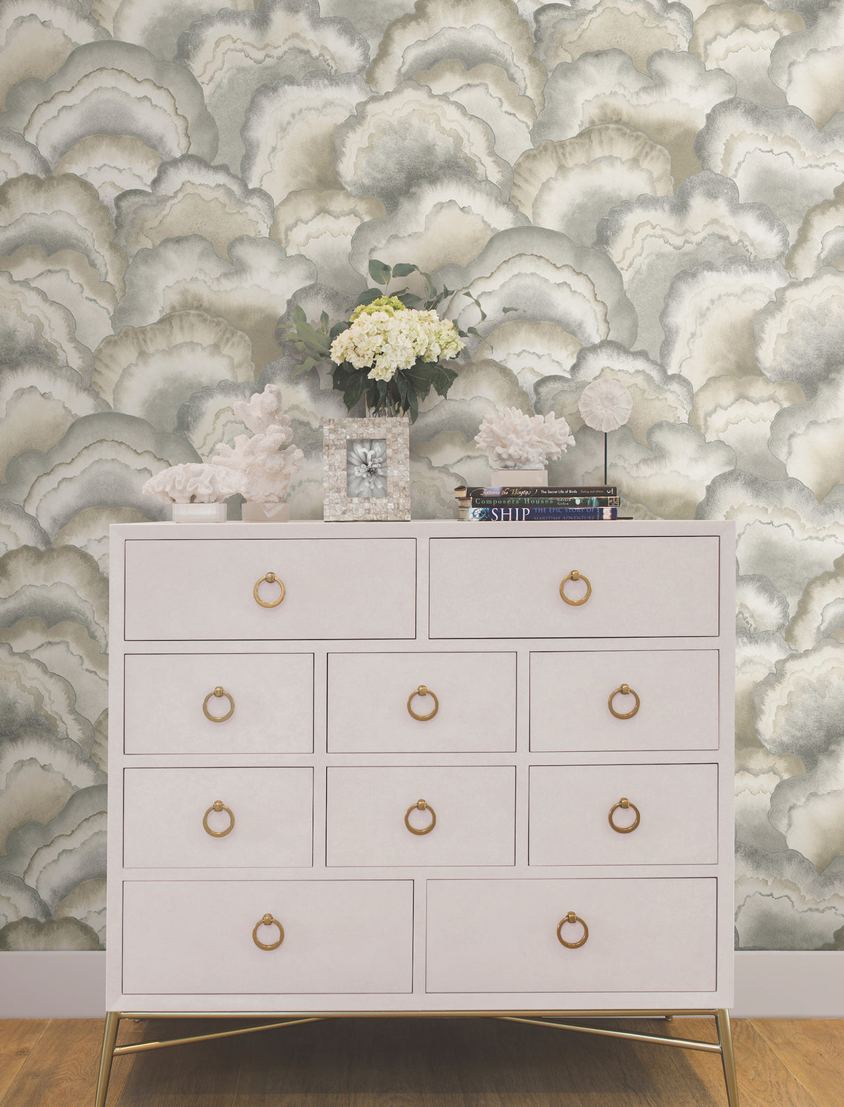 Abalone Fans Smokey Grey Taupe and Metallic Silver Watercolor Fan Geometric Peel & Stick Non Woven Wallpaper by Candice Olson - PSW1615RL