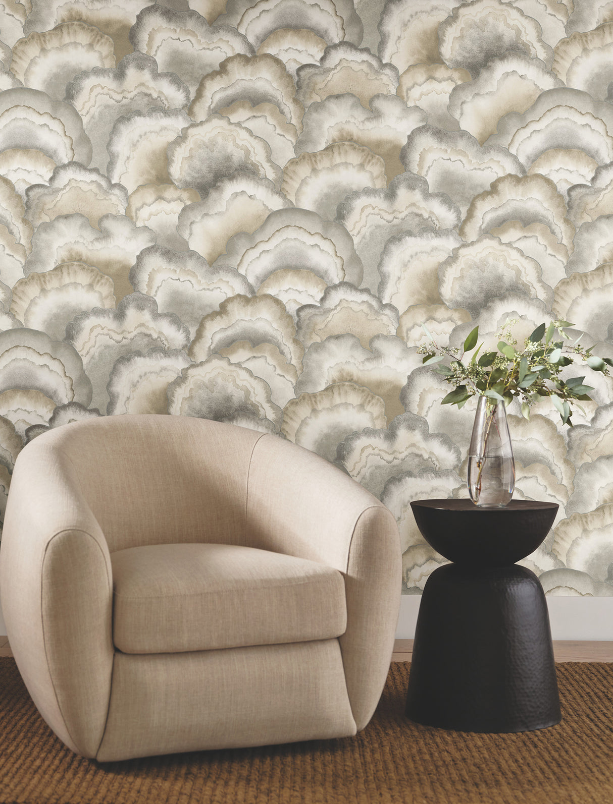 Abalone Fans Smokey Grey Taupe and Metallic Silver Watercolor Fan Geometric Peel & Stick Non Woven Wallpaper by Candice Olson - PSW1615RL