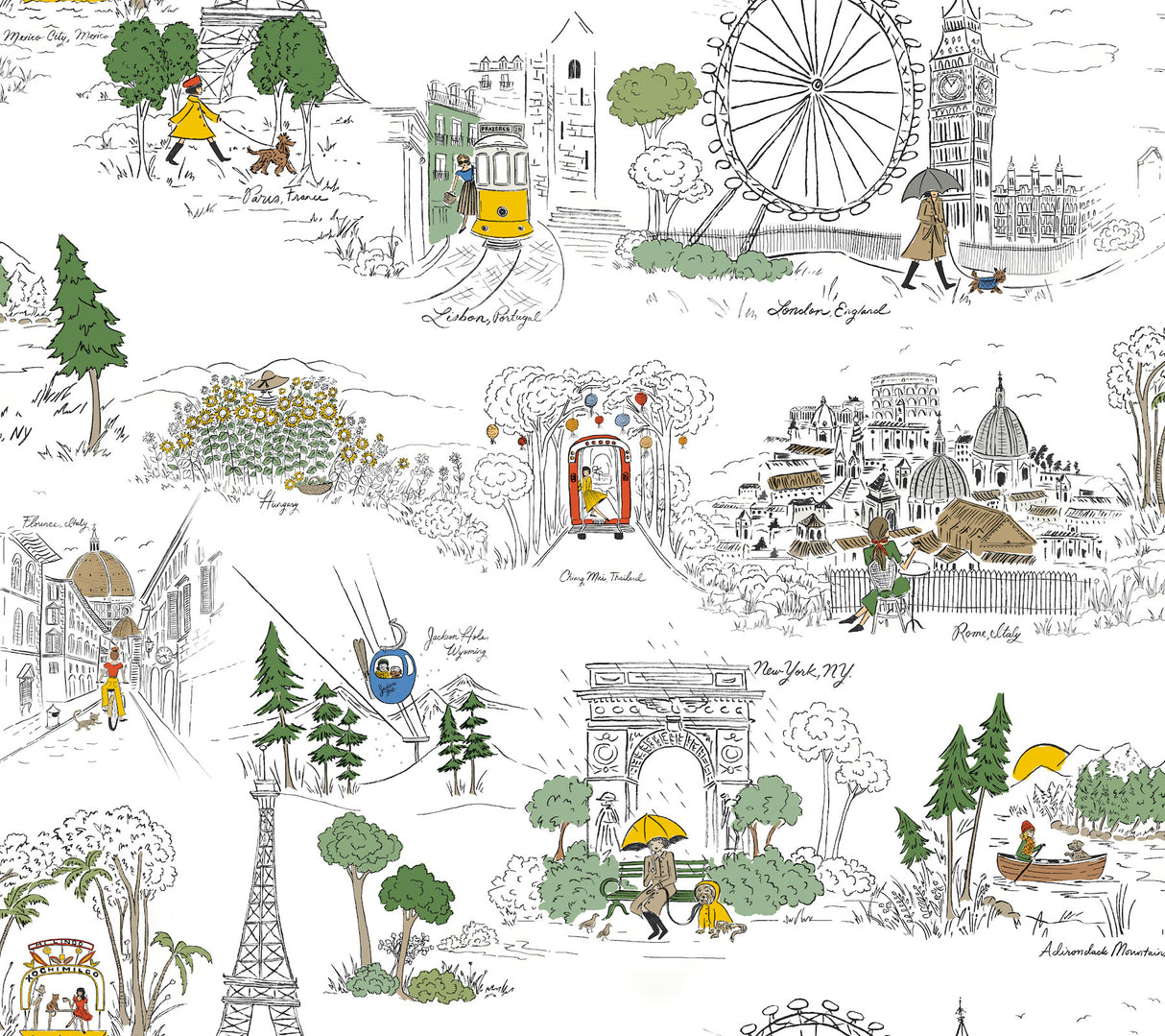 Rifle Paper Co. Travel Sketches Yellow Globetrotter Premium Peel & Stick Wallpaper, 27 in x 20 ft roll