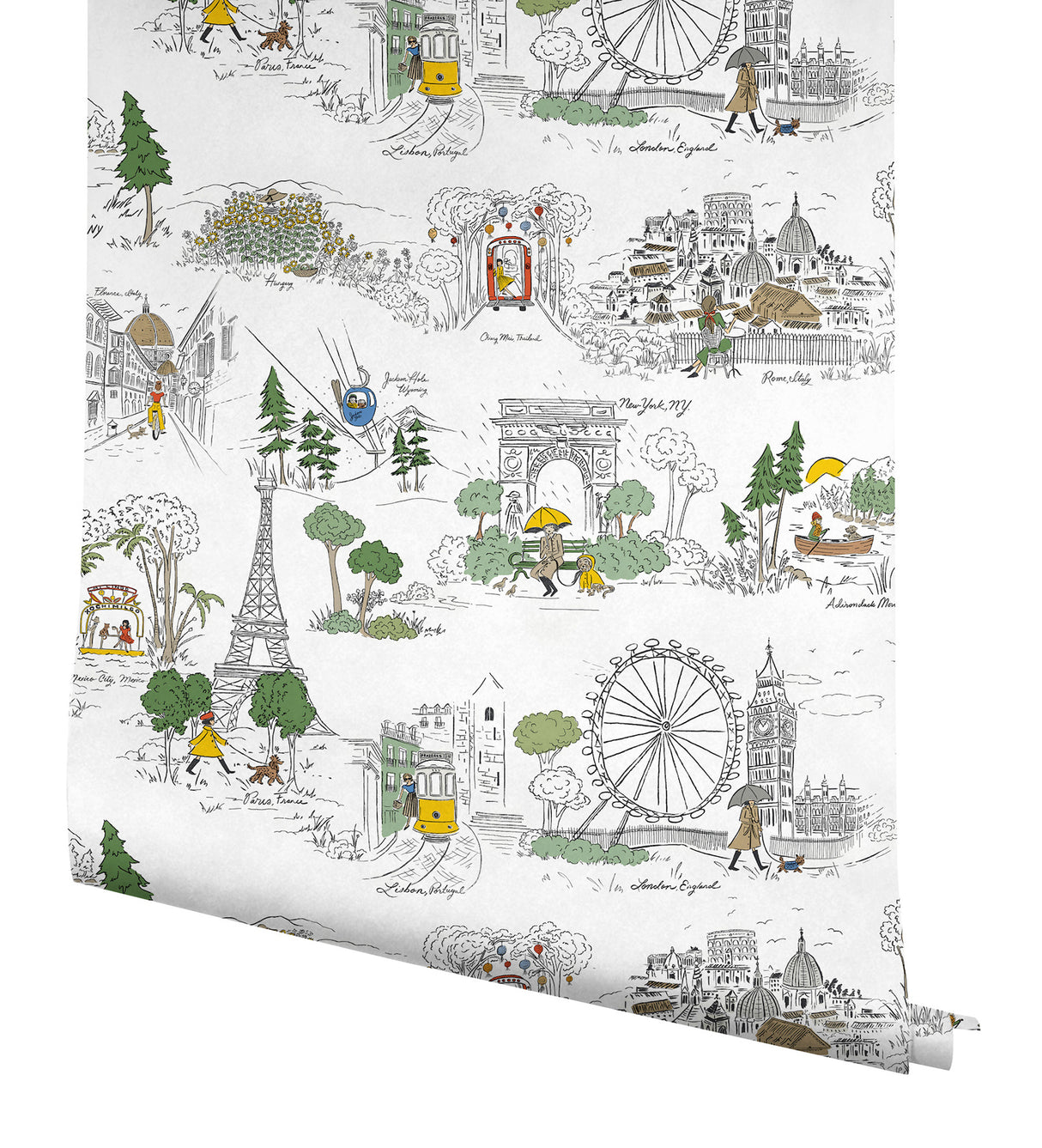 Travel Sketches Yellow by Rifle Paper Co. Globetrotter Premium Peel & Stick Wallpaper – York Wallcoverings PSW1683RL