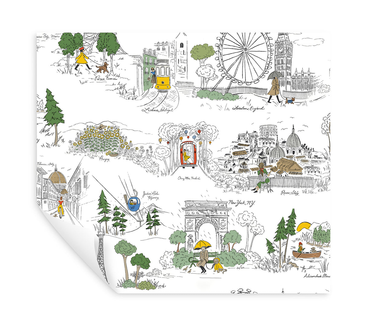 Travel Sketches Yellow by Rifle Paper Co. Globetrotter Premium Peel & Stick Wallpaper – York Wallcoverings PSW1683RL