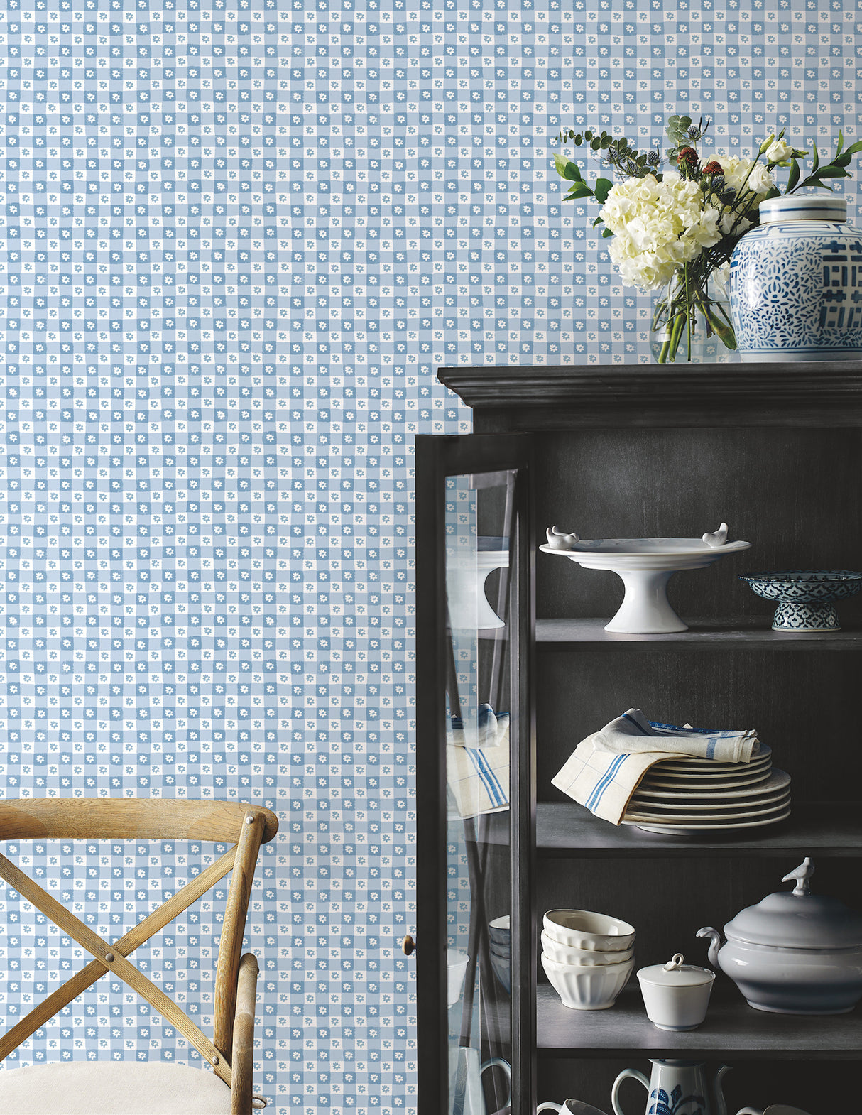Daisy Gingham Blue by Rifle Paper Co. Floral Check Premium Peel + Stick Wallpaper – York Wallcoverings PSW1689RL