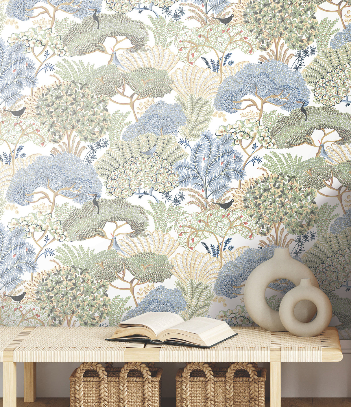 Everbloom Forest Butter by York Wallcoverings Garden Muse Botanical Tropical Trees and Birds Peel and Stick Wallpaper Roll - PSW1695RL